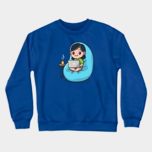 Cute Girl Working On Laptop Cartoon Crewneck Sweatshirt